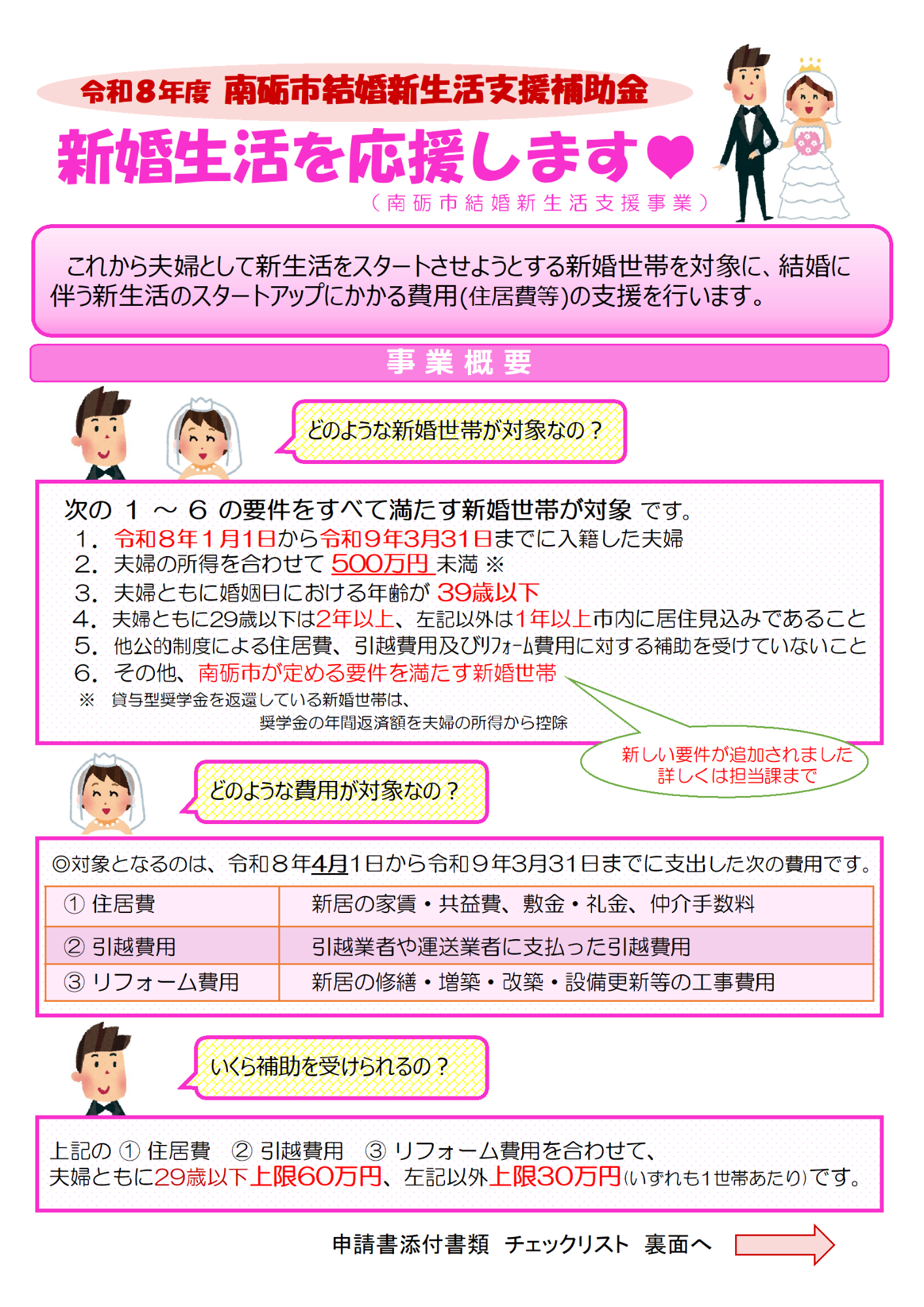 南砺市結婚新生活支援補助金のチラシ