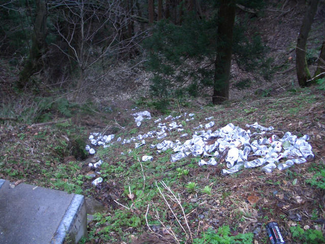 山中の斜面に沢山の空き缶が捨てられている写真
