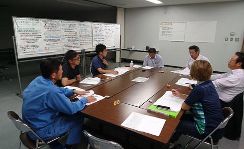 沢山の文字が書かれた模造紙が貼られているホワイトボードの前の席で、7人の参加者が集まり話し合いが行われている写真
