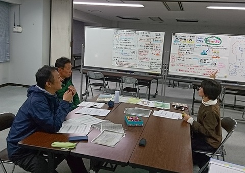 席に座り資料が貼られたホワイトボードを指さしながら話をする女性、同じ席に座っている男性2名が女性の話を聞いている写真