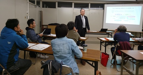 参加者達が長机の席に2名ずつ座り、室内前方に立っている男性の話を聞いている様子の写真