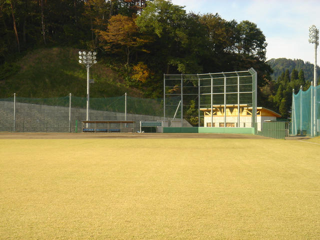 フェンスに囲まれたナイター照明があるバッターボックス側を写した写真