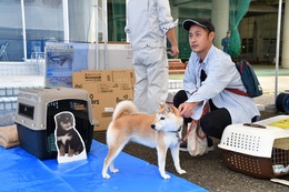 男性が座りながら犬のリードを握っている写真