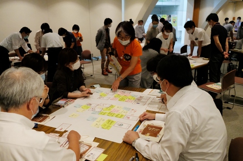 グループに分かれた参加者達が机の上に広げられ、沢山の付箋が貼られた模造紙を見ながら話し合いを行っている様子の写真