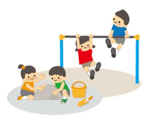 子供たちが砂場や鉄棒で遊んでいるイラスト