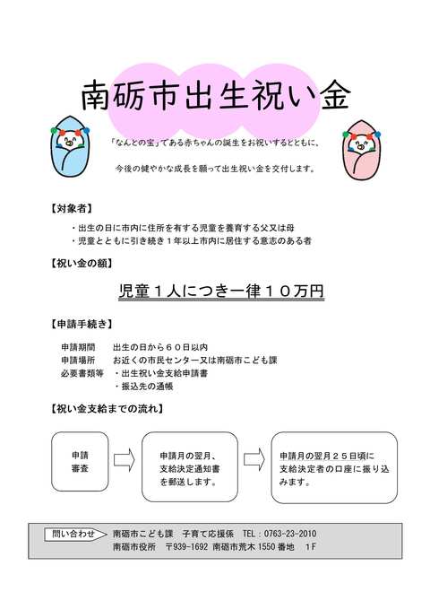 南砺市出生祝い金についてのチラシ